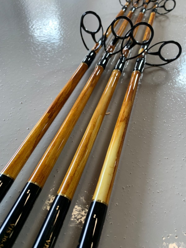 6’6” Spin Jig Rods Painted Wood Grain Rods Close Up