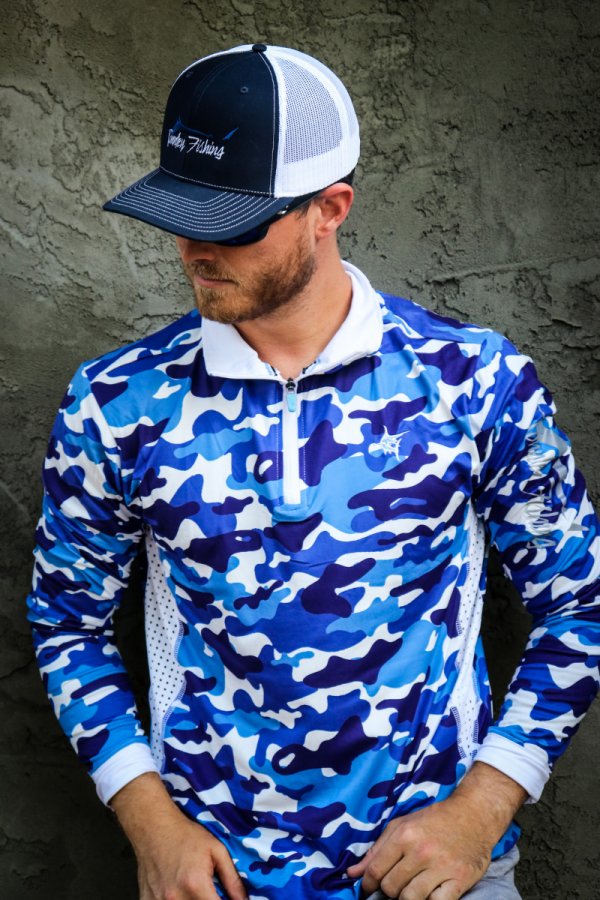 Connley Blue and white Camo quarter zip long sleeve fishing shirt
