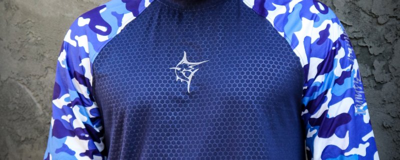 blue and white Camo long sleeve fishing performance shirt